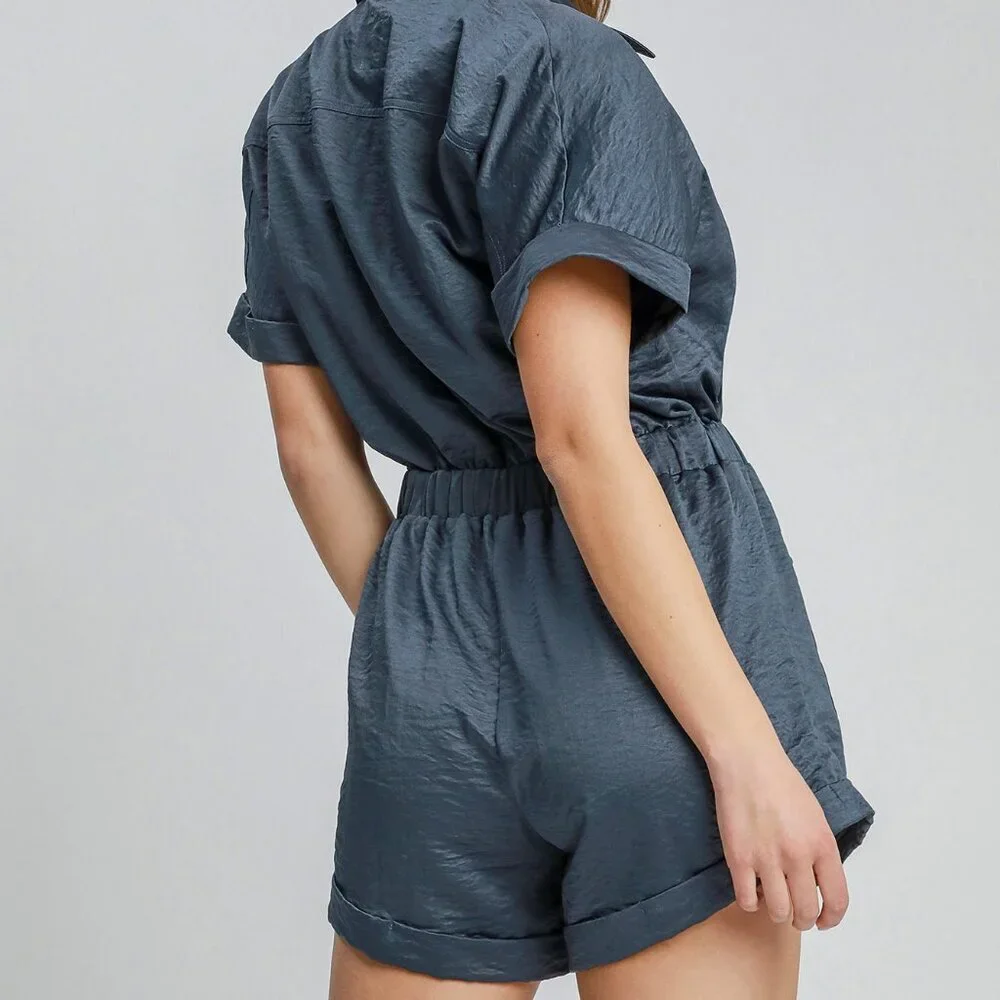 Umgee Button Down Charmeuse Romper - Navy - Picture 3 of 4